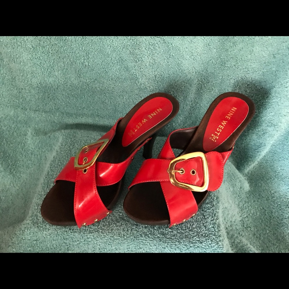Red patent slide heels